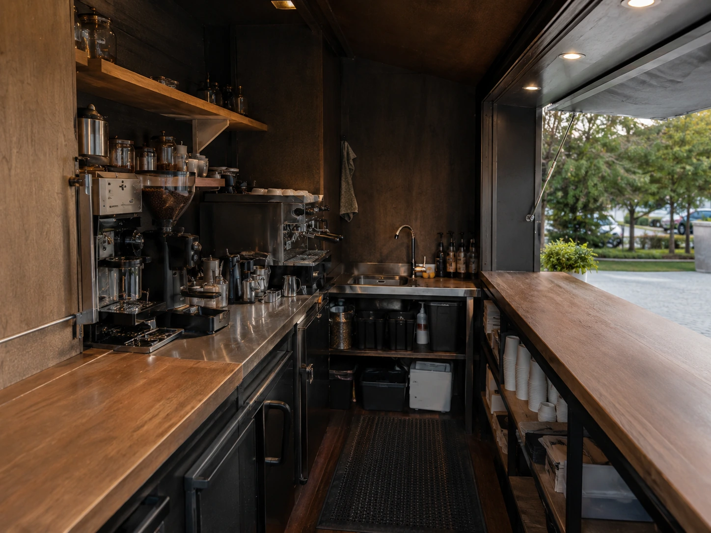 Interior de cafetería modular con estaciones de trabajo y archivo