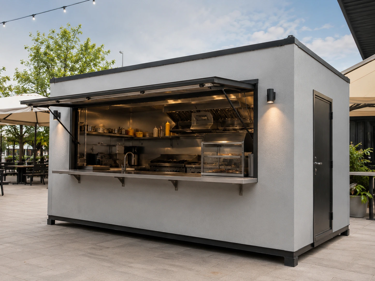 Cocina modular comercial para food court con ventanilla de servicio