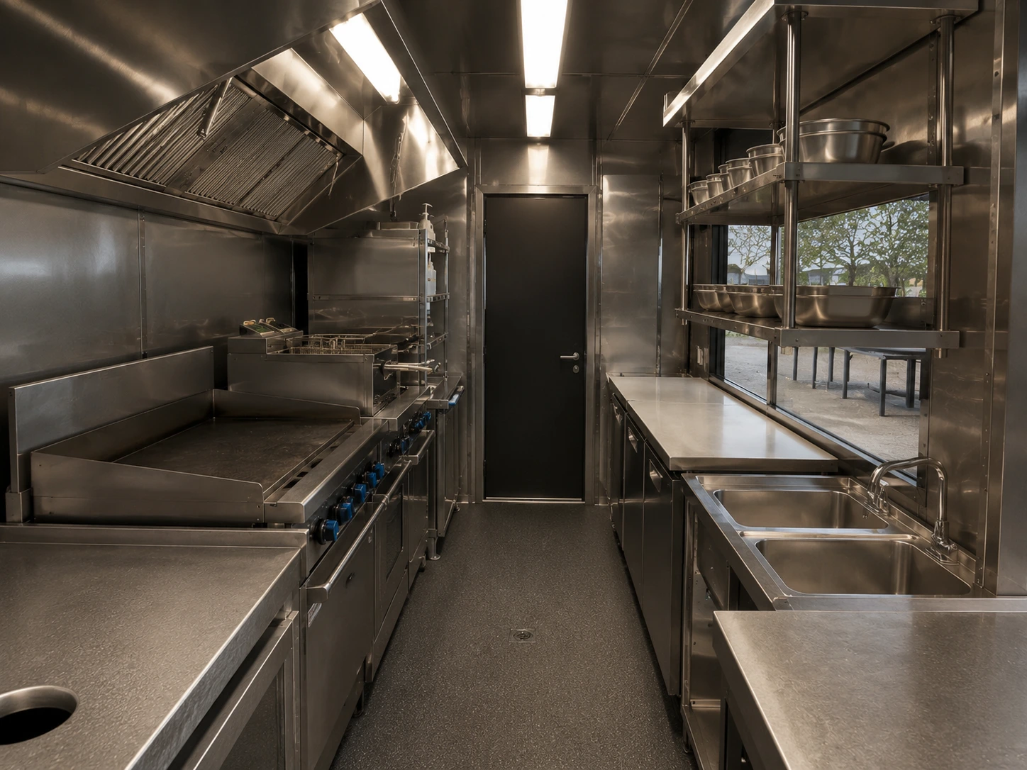 Interior de cocina modular profesional con acero inoxidable y campana