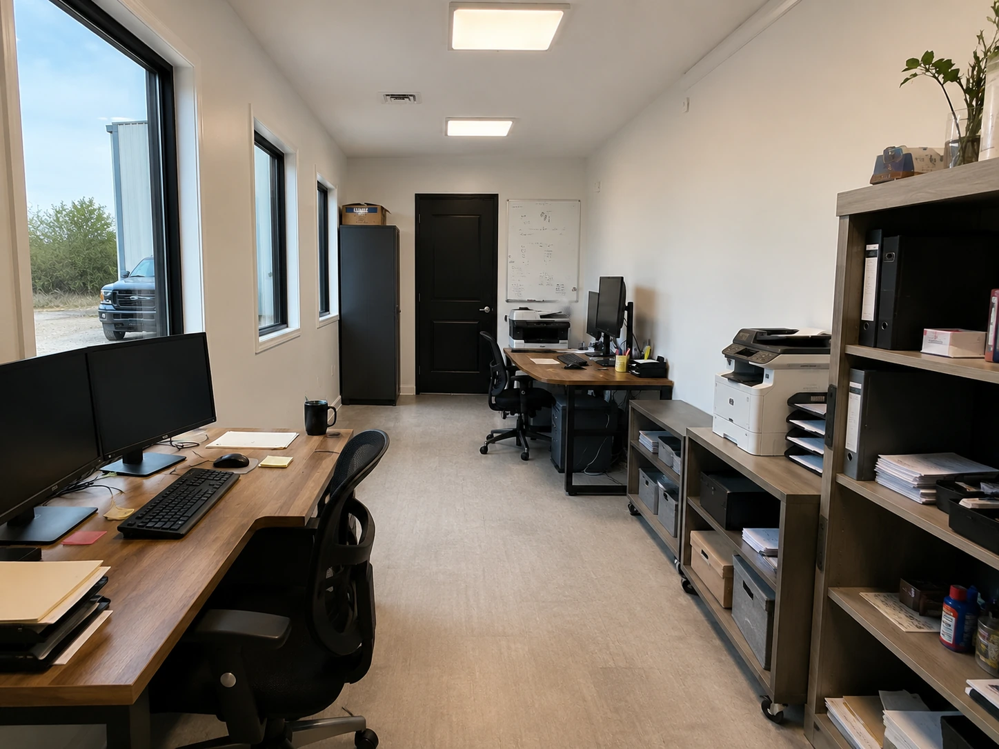 Interior de oficina modular con estaciones de trabajo y archivo